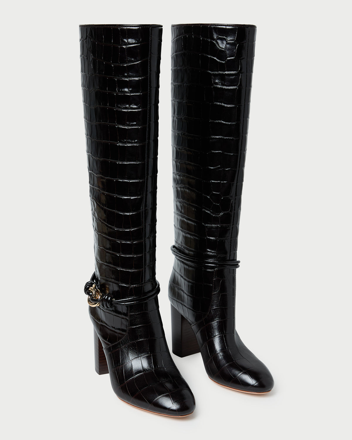 Goldy Crocodile/Gold Leather Tall Boot in crocodile print leather with gold accent.