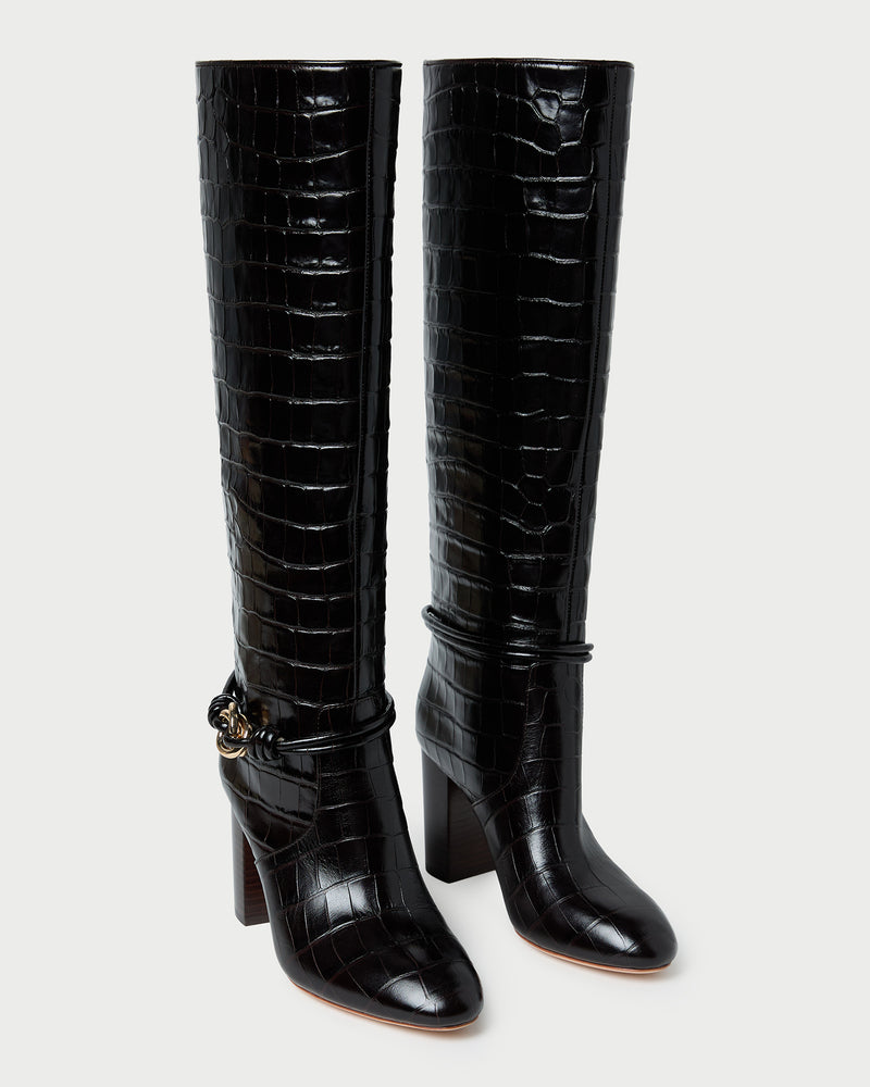 Goldy Crocodile/Gold Leather Tall Boot in crocodile print leather with gold accent.