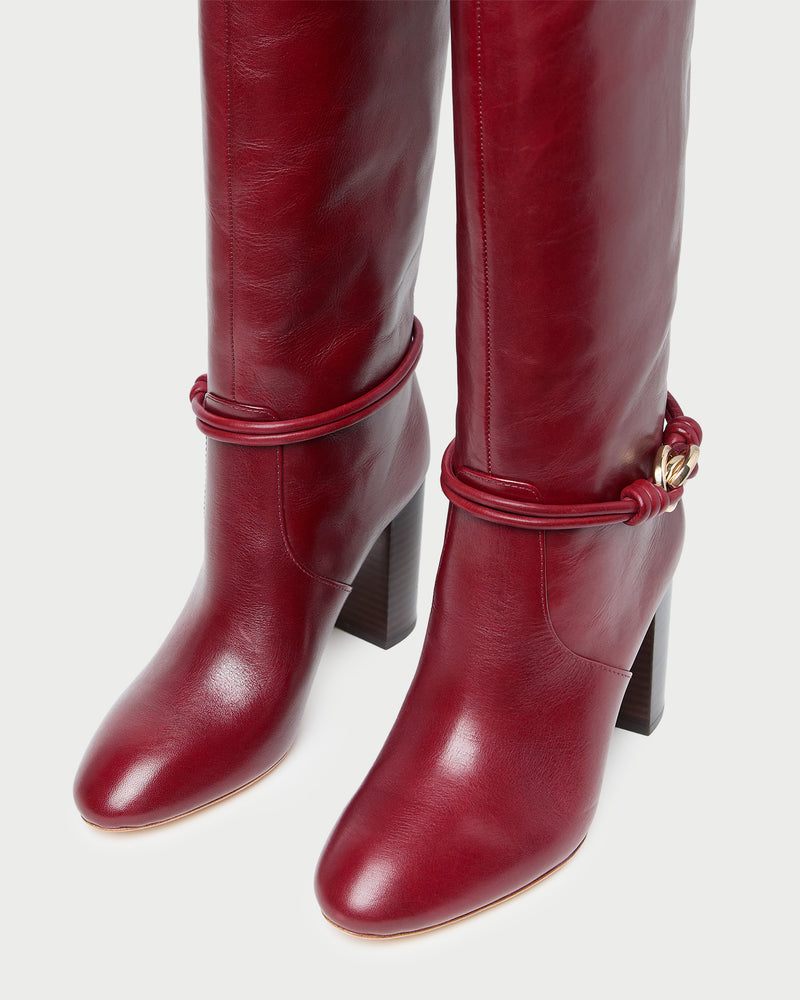 Goldy Wine/Gold Leather Tall Boot in wine red leather and a gold accent.