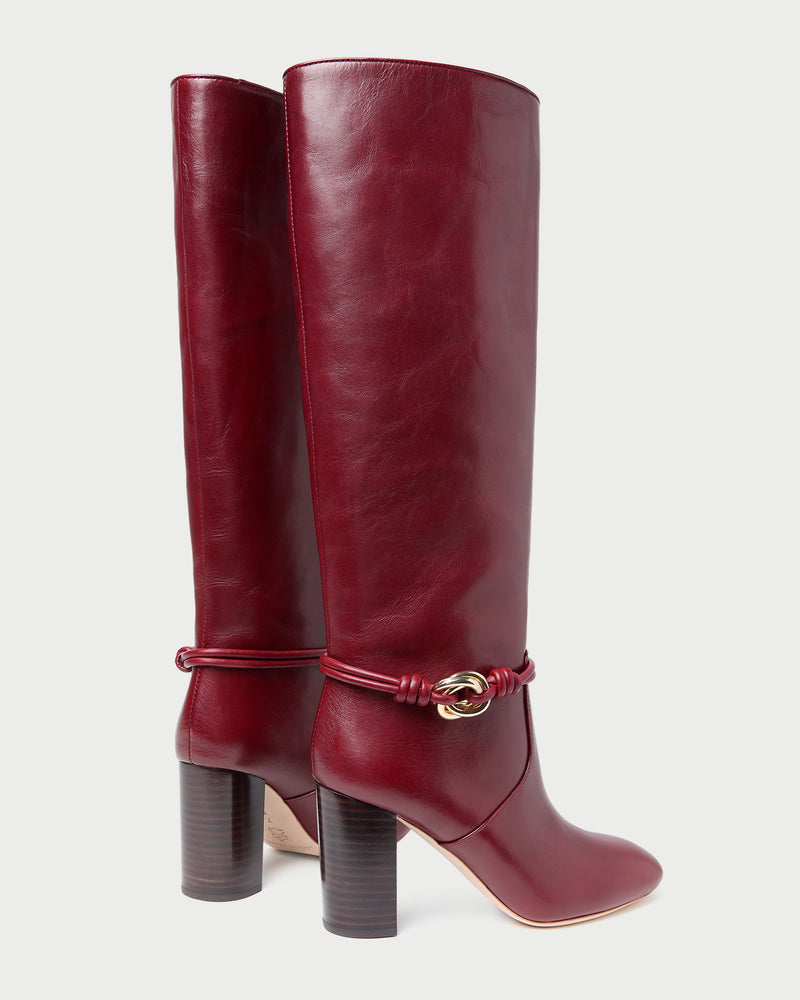 Goldy Wine/Gold Leather Tall Boot in wine red leather and a gold accent.