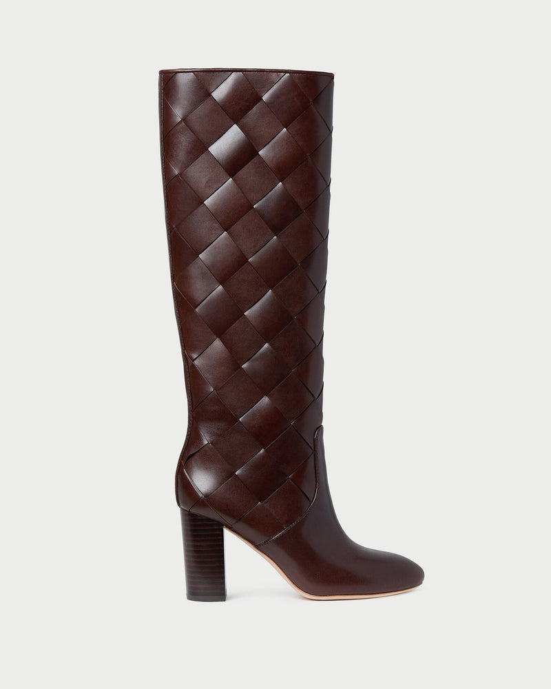 Goldy Espresso Woven Leather Tall Boot in espresso woven leather.