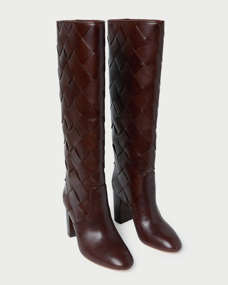 Goldy Espresso Woven Leather Tall Boot in espresso woven leather.