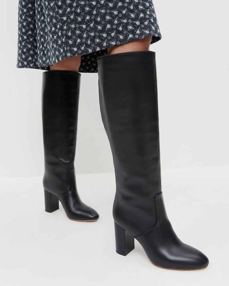 Goldy Black Wide-Calf Tall Boot in black leather and Maxwell Dress in blue floral.