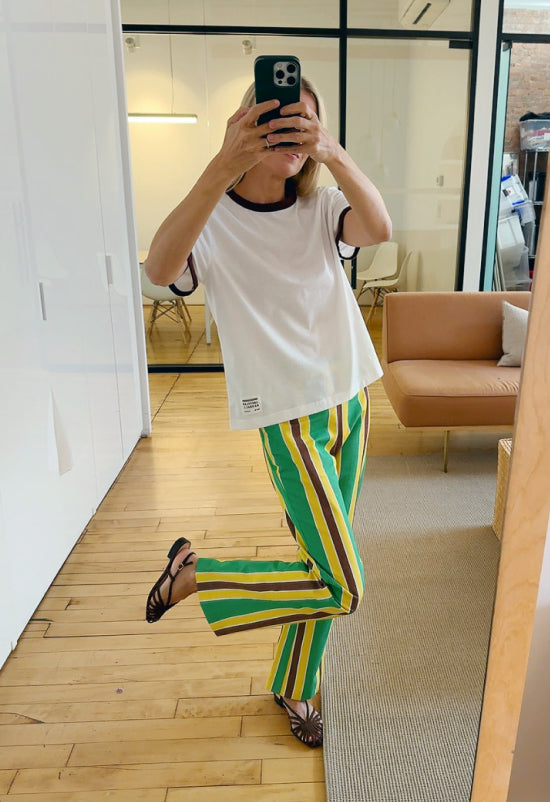 Harly Tee in white cotton, Pasha Trouser in green/yellow/brown striped cotton-linen, and Devon Chocolate Moiré Slingback Sandal - Loeffler Randall