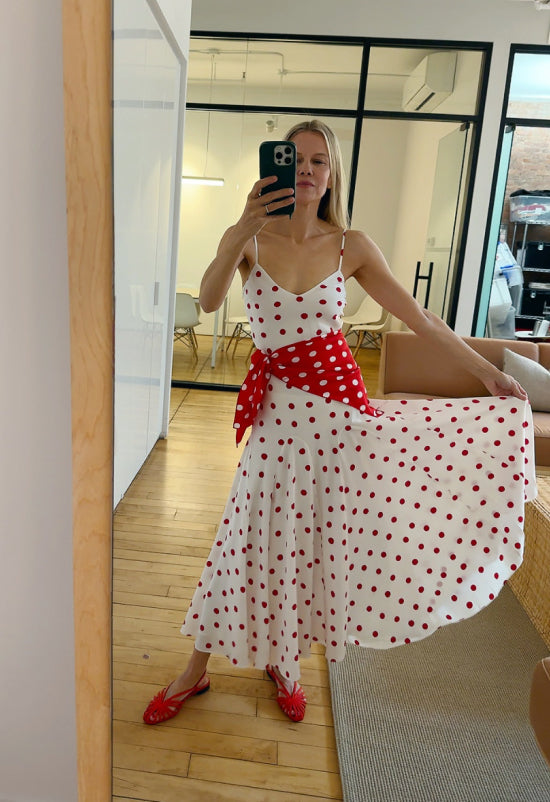 Nissa Dress in white and red polka dot silk, Beverly Red/White Silk Scarf, Devon Red Moire Slingback Sandal - Loeffler Randall