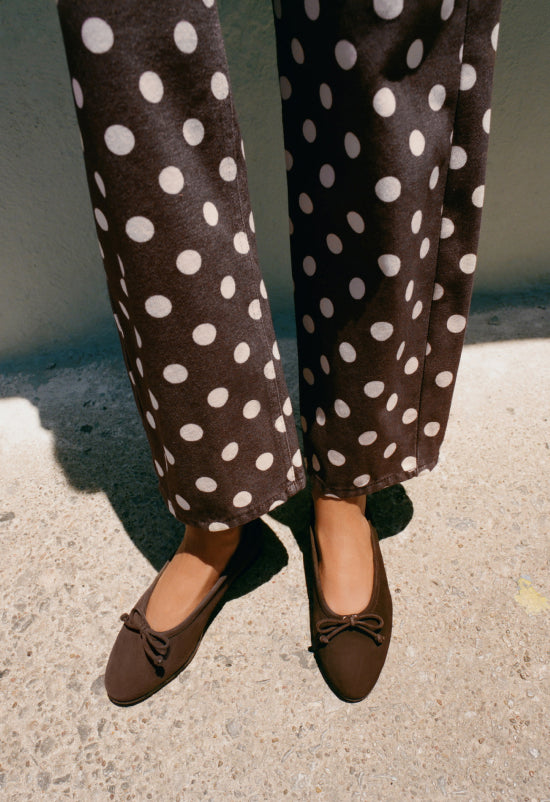 Winona Denim Pant in brown and cream polka dot denim, and Noelle Brown Suede Ballet Flat - Loeffler Randall