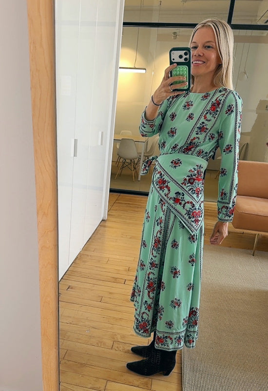Emily Dress in mint green and red floral silk and Cleo Brown Suede Mid-Calf Boot - Loeffler Randall