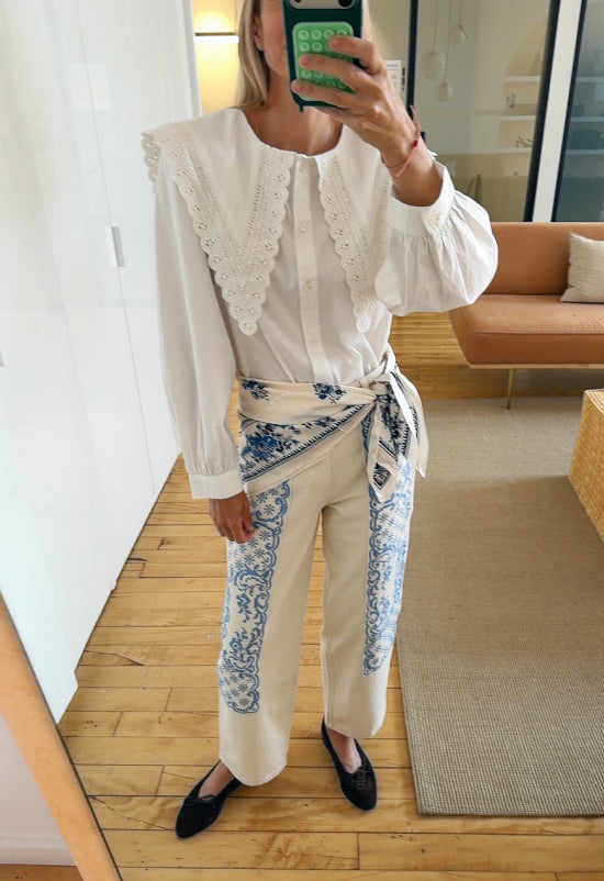 Ken Shirt in white cotton, Beverly Cream/Blue Silk Scarf, Molly Workwear Jean in natural cotton with blue embroidery, and Noelle Navy Suede Ballet Flat - Loeffler Randall