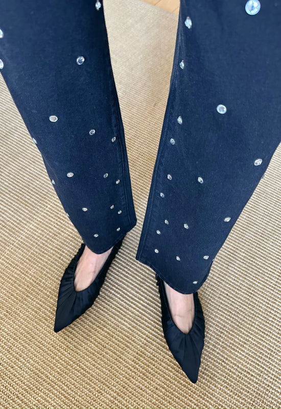 Winona Denim Pant in black denim with crystal accents and Lane Black Satin Ballet Flat - Loeffler Randall