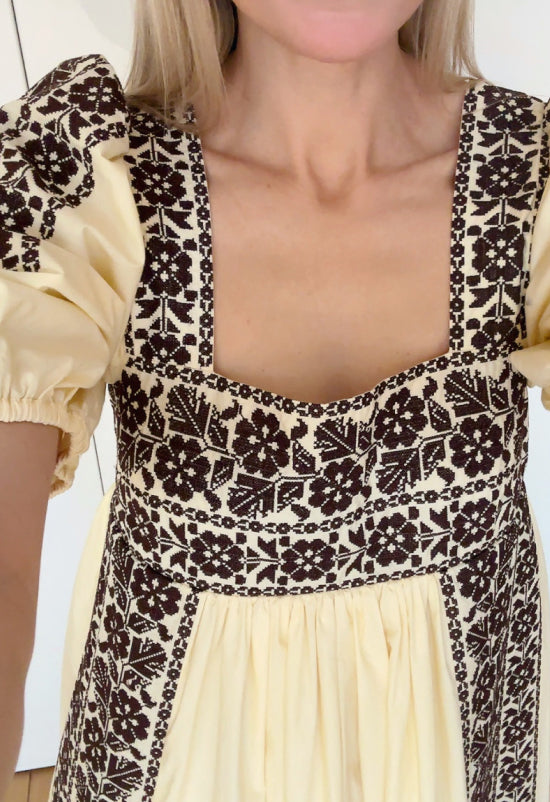Lotus Embroidered Dress in butter yellow cotton with brown embroidery - Loeffler Randall