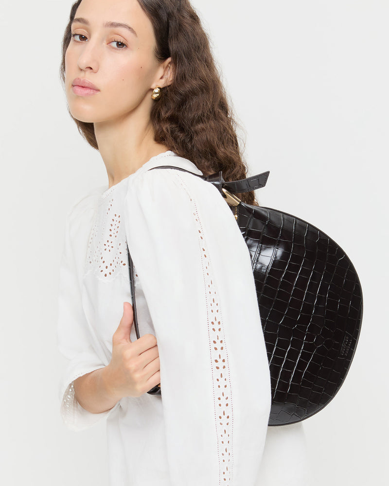 Harlow Crocodile Leather Shoulder Bag in crocodile black leather and Felicity Blouse in cream cotton.