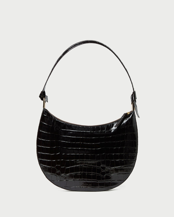 Harlow Crocodile Leather Shoulder Bag in crocodile black leather.