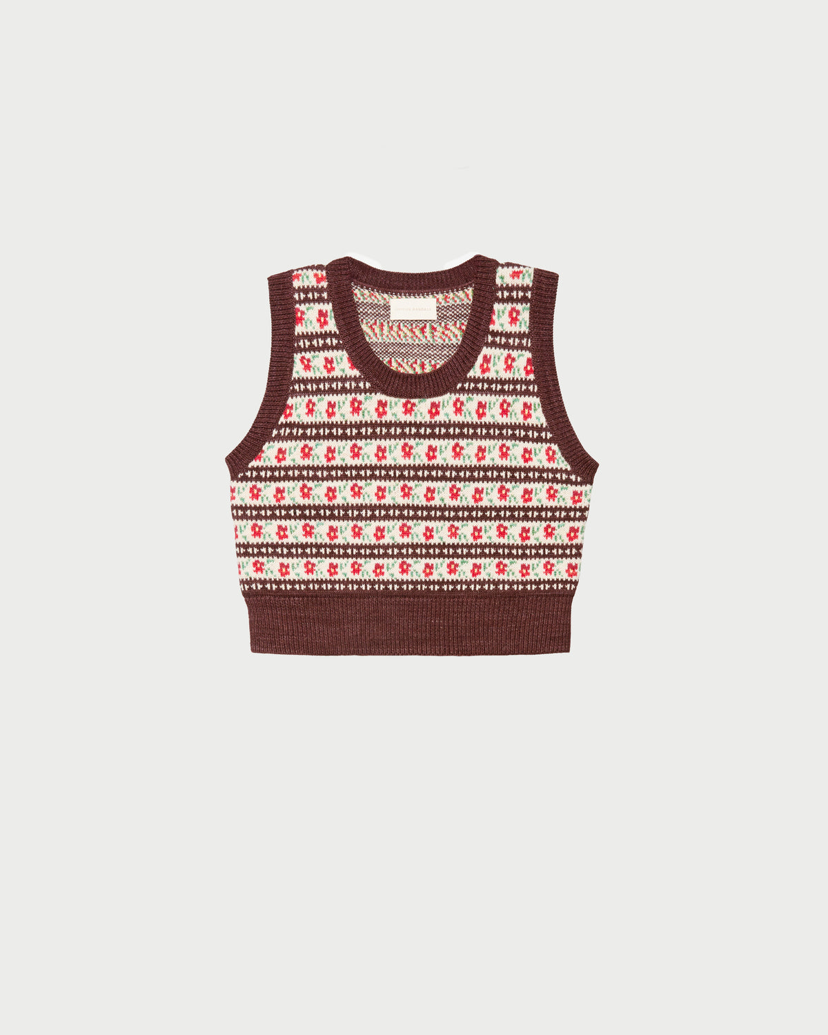Heather Sweater Vest in brown and red intarsia floral.