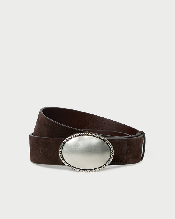 Hugo Brown/Silver Plaque Belt in brown split suede.