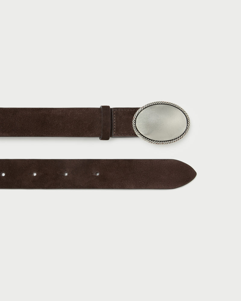 Hugo Brown/Silver Plaque Belt in brown split suede.