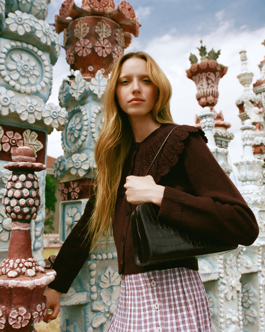 Wynn Cardigan in brown wool, Emlyn Skirt in cream, maroon, and lilac plaid cotton poplin, and Zella Crocodile Leather Clutch - Loeffler Randall