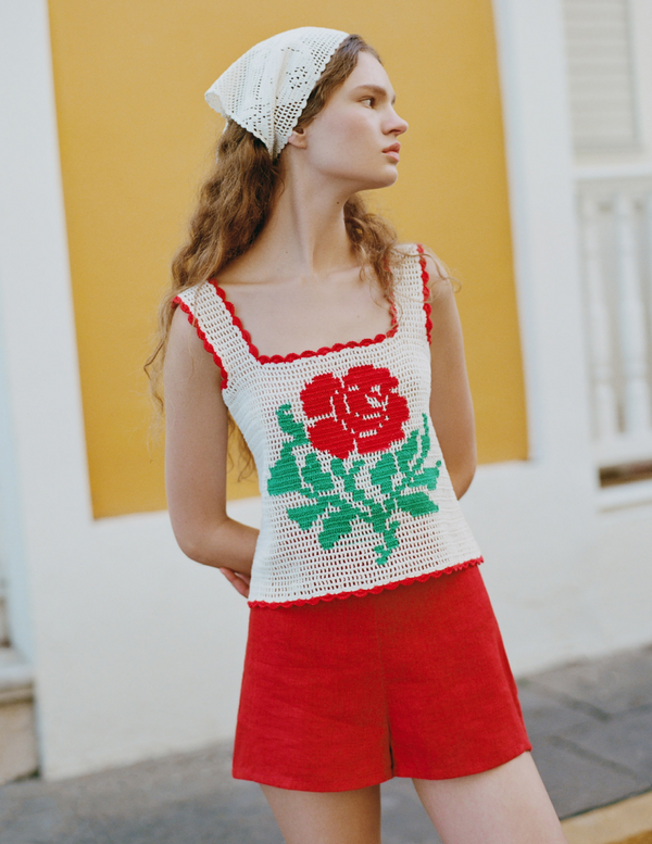 Juliette Top in white crocheted cotton with flower accent, Carissa Short in red linen, and Viv White Crochet Scarf - Loeffler Randall