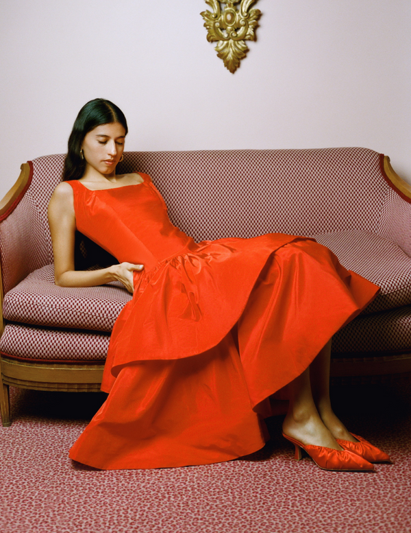 Celestina Dress in red tafetta and Inez Red Satin Mid-Heel Mule - Loeffler Randall