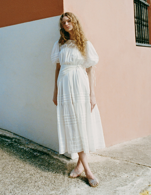 Eira Dress in white cotton and Devon Champagne Jelly Slingback Sandal - Loeffler Randall