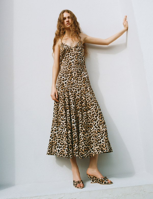 Nissa Dress in leopard silk and Marsy Leopard Silk Knot Wedge - Loeffler Randall