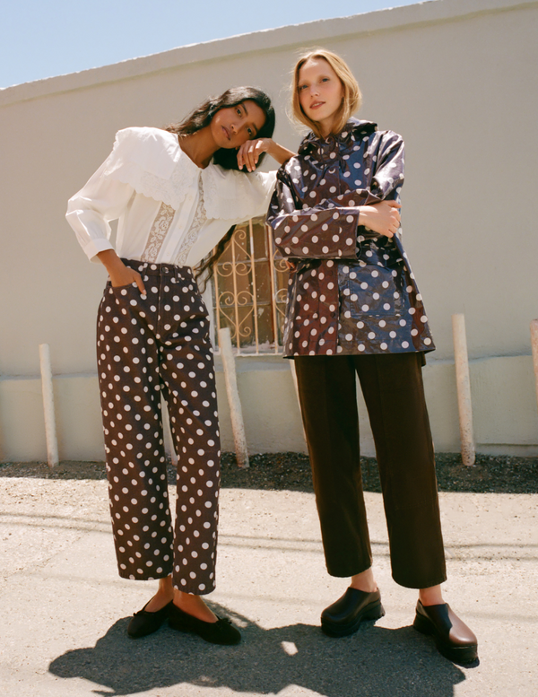 Gail Blouse in white cotton, Winona Denim Pant in brown and cream polka dot denim, Misty Rain Coat in brown and cream polka dot cotton, and Molly Workwear Jean in dark brown denim - Loeffler Randall
