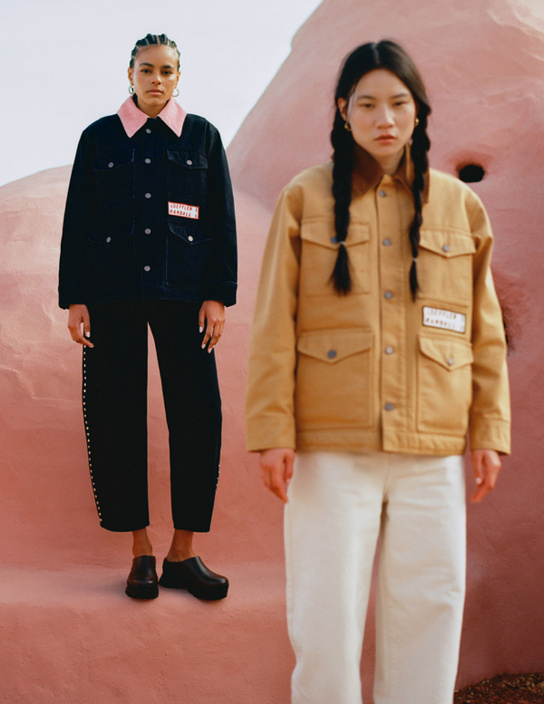 Quincy Jacket in Black/Pink and Tan/Brown, Winona Denim Barrel Pant in Washed Black and Natural, and Gemma Black Leather Lug Mule - Loeffler Randall