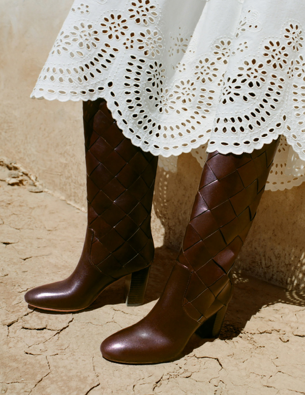 Goldy Espresso Woven Leather Tall Boot and Tinsley Skirt in white cotton - Loeffler Randall