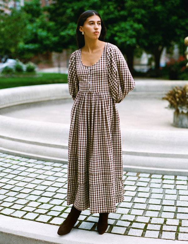 Diane Dress in brown/cream gingham cotton and Marley Brown Suede Tall Boot - Loeffler Randall