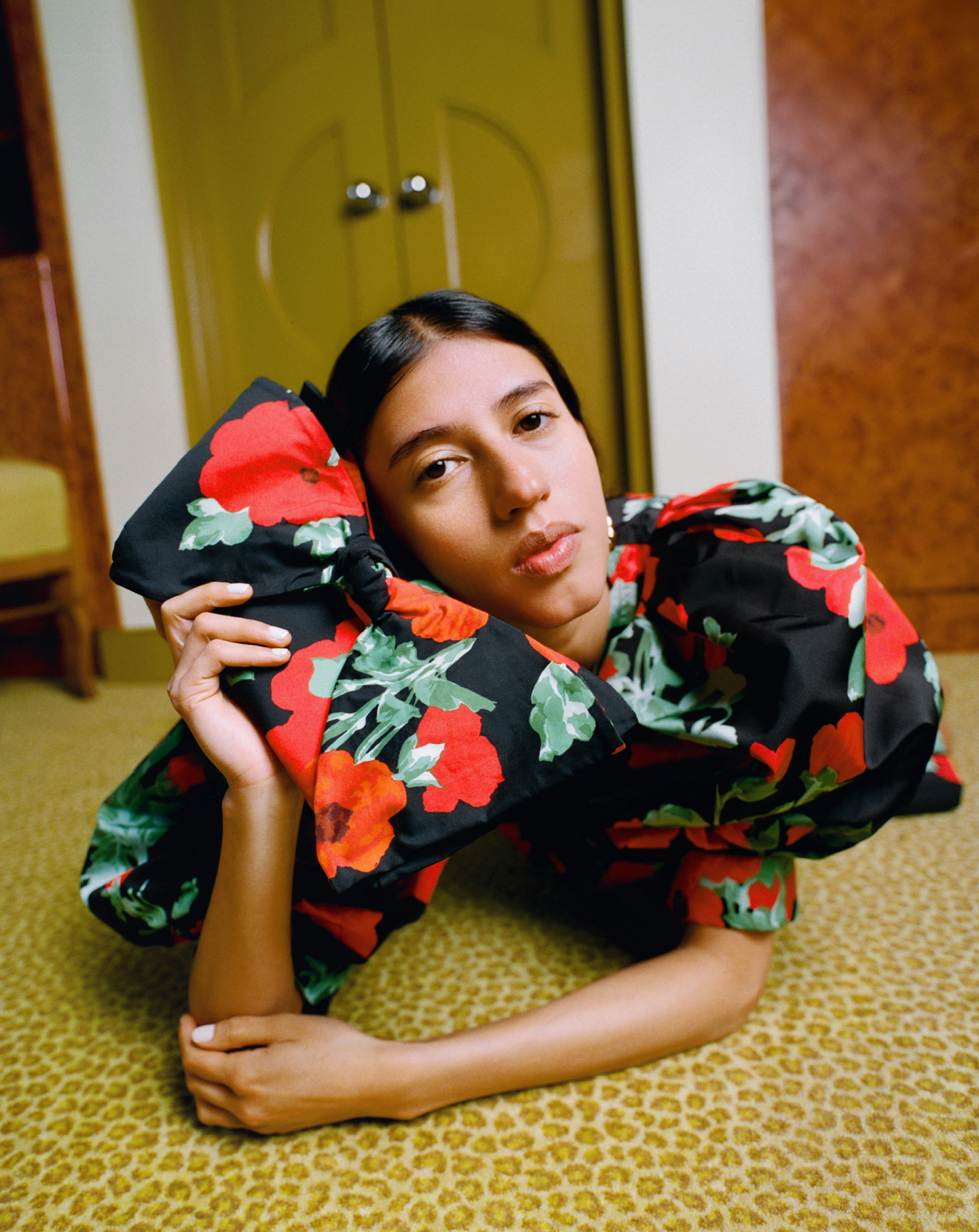 Willy Mini Dress in black floral faille fabric and Valerie Black Floral Bow Bag - Loeffler Randall