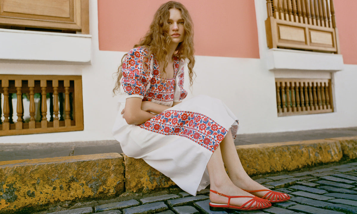 Lotus Embroidered Dress in white cotton with red and blue floral embroidery and Devon Red Moiré Slingback Sandal - Loeffler Randall