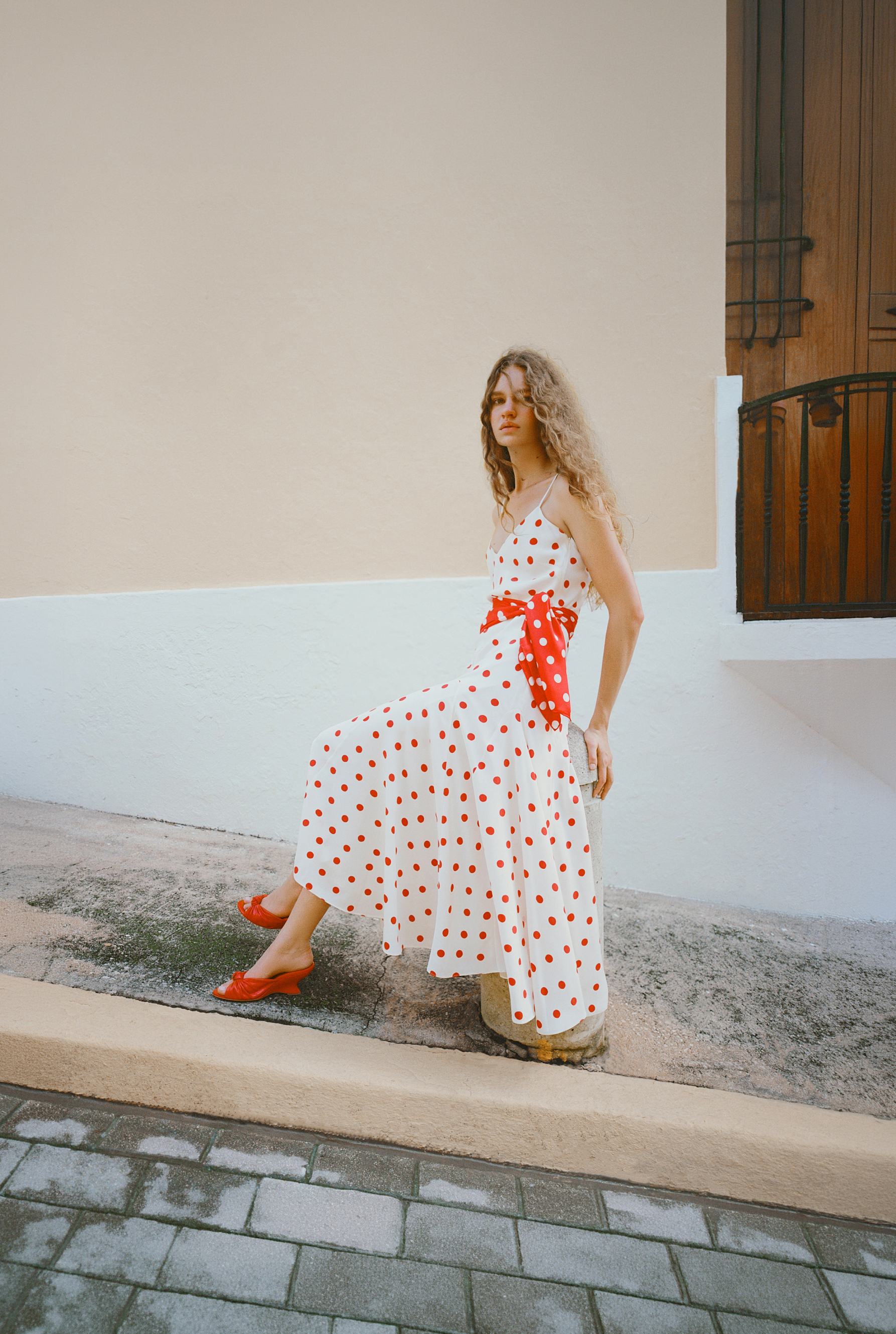 Nissa Dress in white silk with red polka dots, Beverly Red/White Silk Scarf, and Marsy Red Leather Knot Wedge - Loeffler Randall