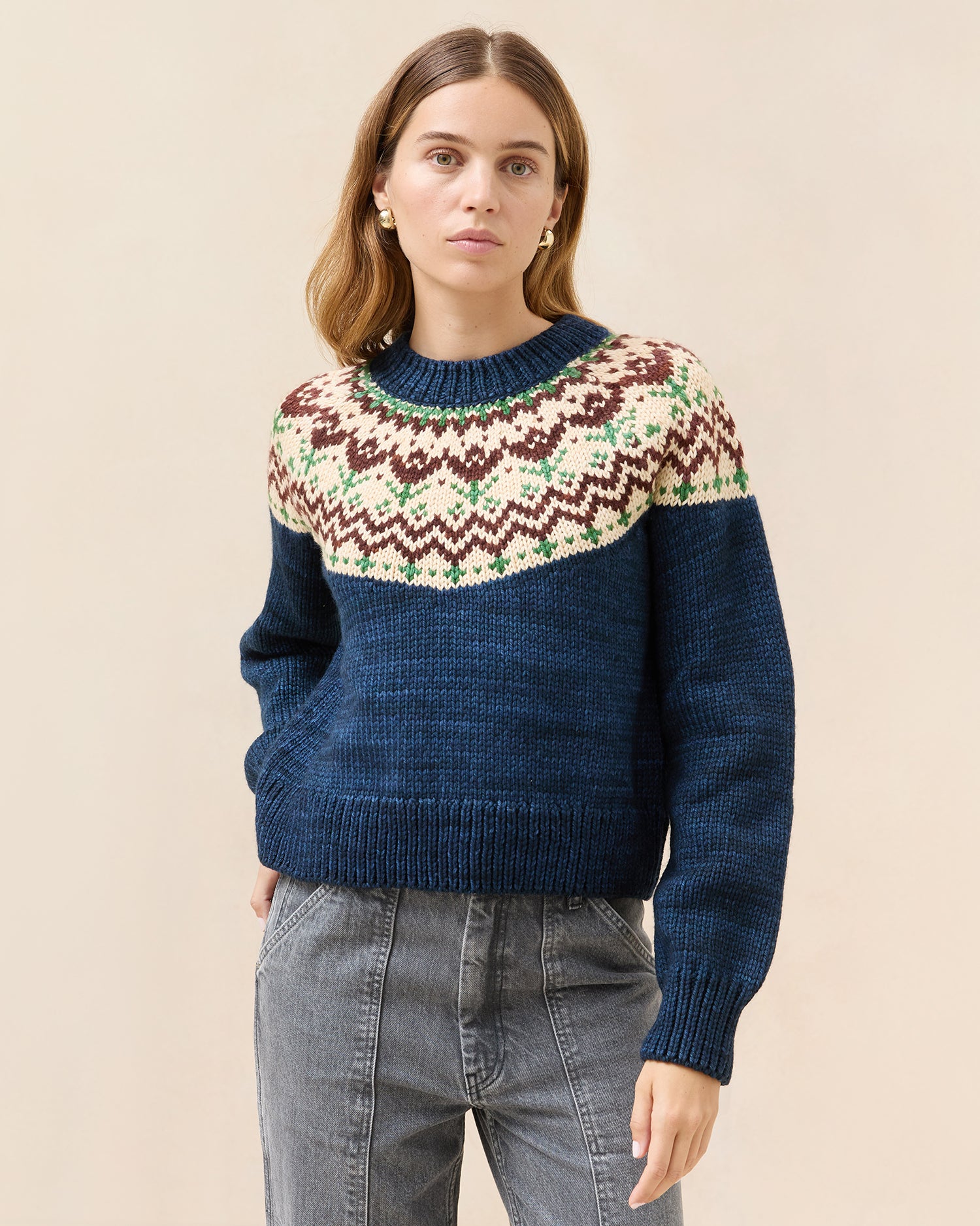 Oversized Sweater Navy Blue Fair Isle Sweater Waffle Knit Sweater
