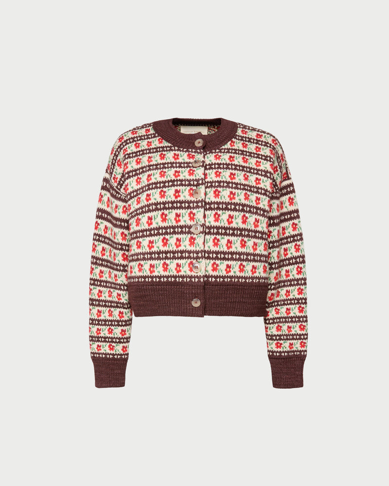 Idris Intarsia Cardigan in red and brown floral intarsia wool.
