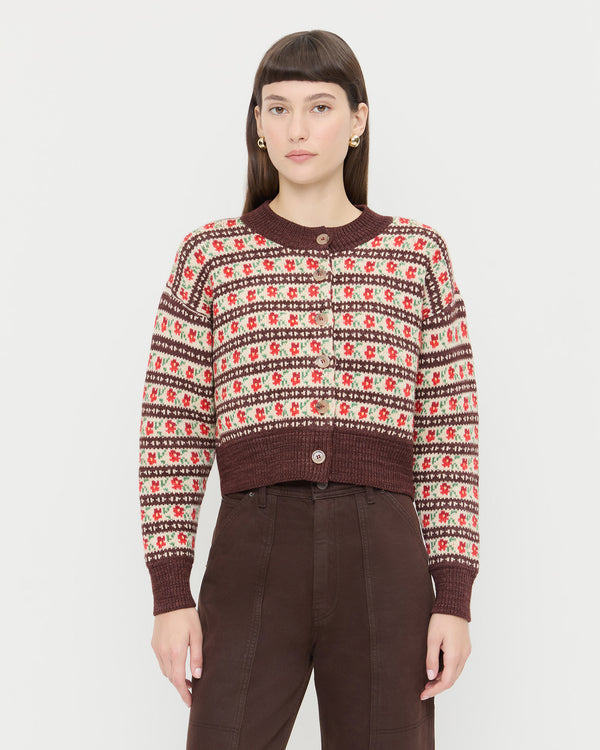 Idris Intarsia Cardigan in red and brown floral intarsia wool and Molly Workwear Jean in dark brown denim.