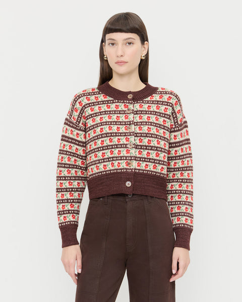 Idris Brown/Cream/Red Floral Intarsia Cardigan | Knitwear