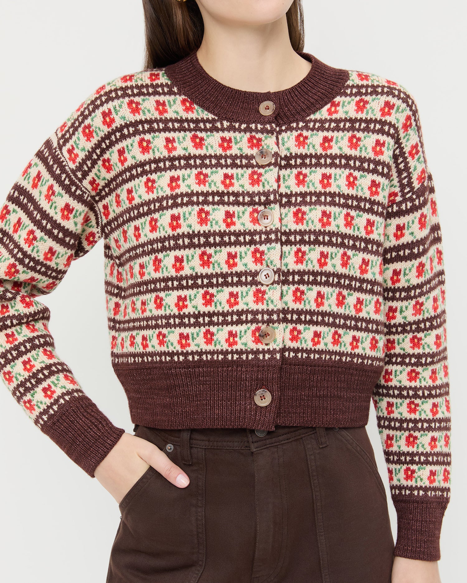 Idris Brown/Cream/Red Floral Intarsia Cardigan | Knitwear