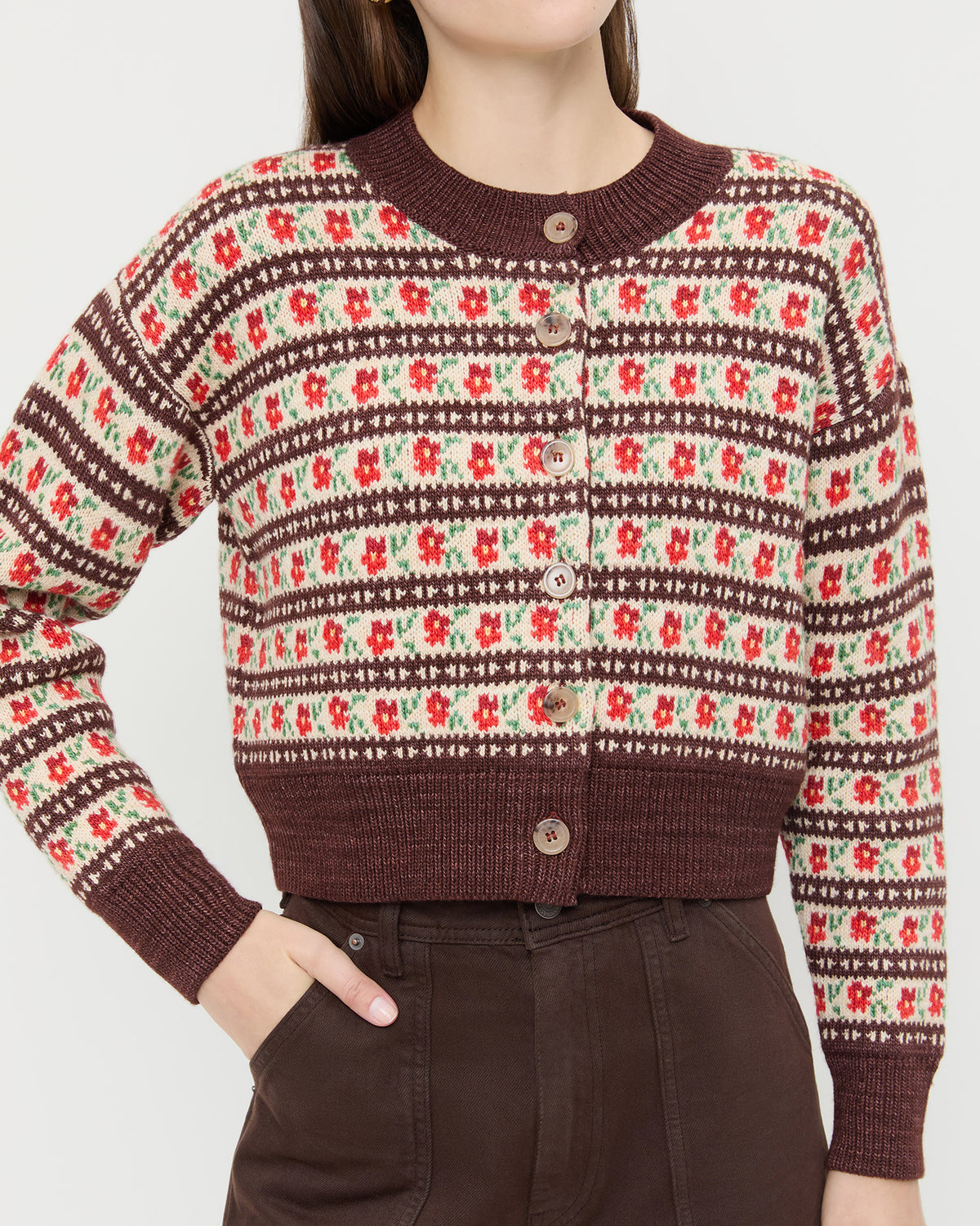 Idris Intarsia Cardigan in red and brown floral intarsia wool and Molly Workwear Jean in dark brown denim.