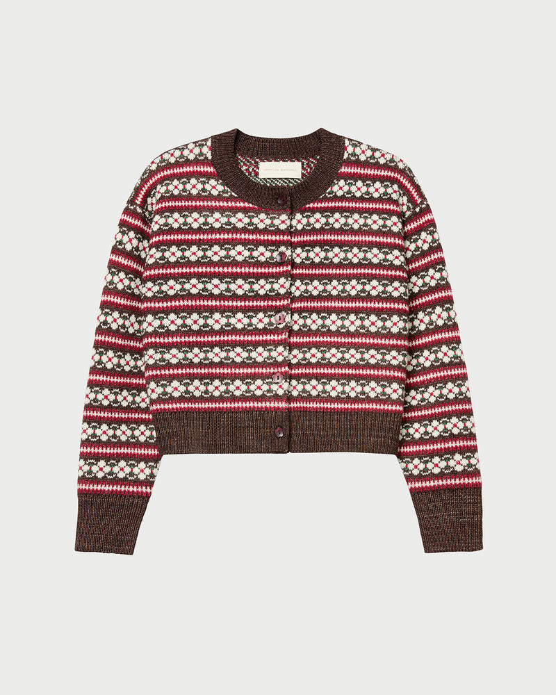 Idris Intarsia Cardigan in brown and red floral intarsia wool.