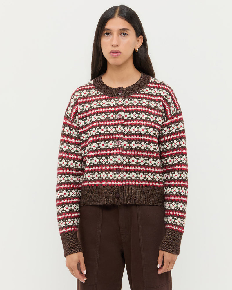 Idris Intarsia Cardigan in brown and red floral intarsia wool.