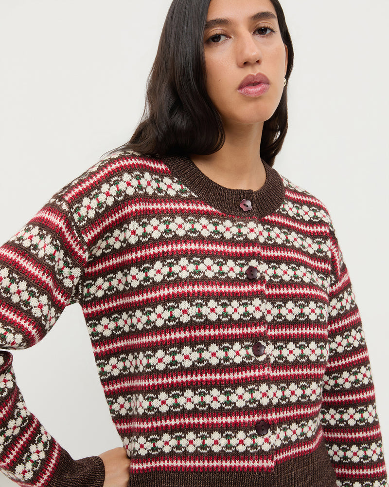 Idris Intarsia Cardigan in brown and red floral intarsia wool.
