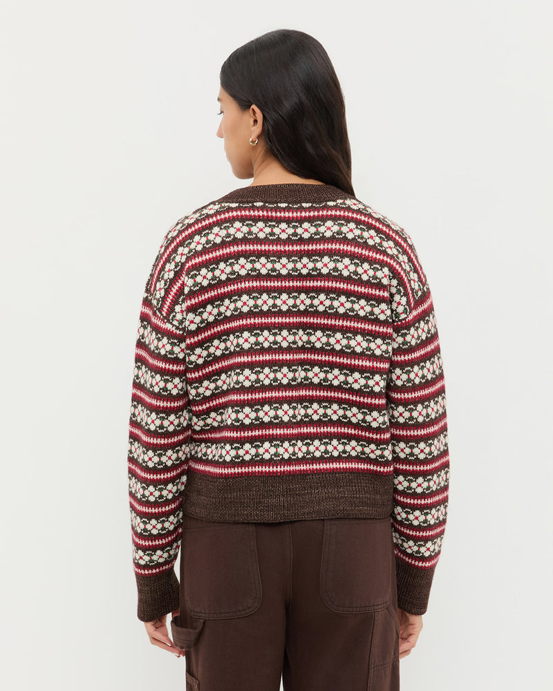 Idris Intarsia Cardigan in brown and red floral intarsia wool.
