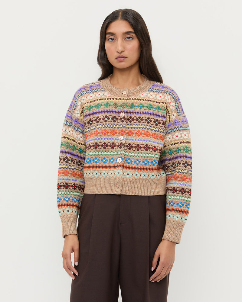 Idris Intarsia Cardigan in camel floral intarsia wool.