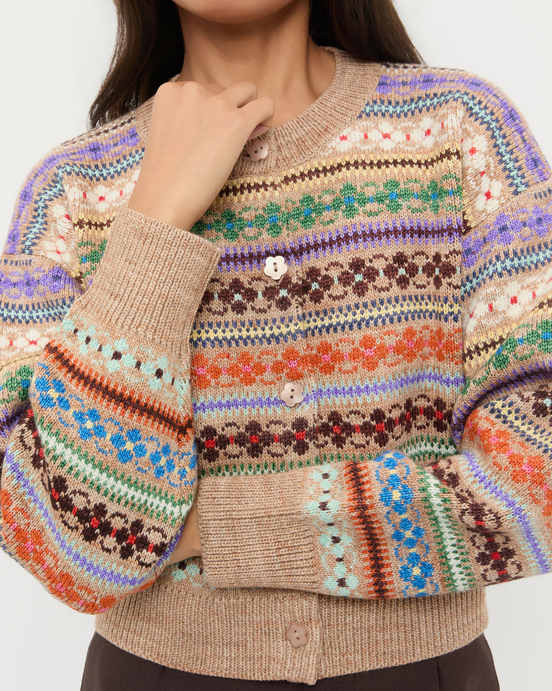 Idris Intarsia Cardigan in camel floral intarsia wool.