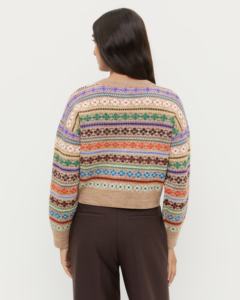 Idris Intarsia Cardigan in camel floral intarsia wool.