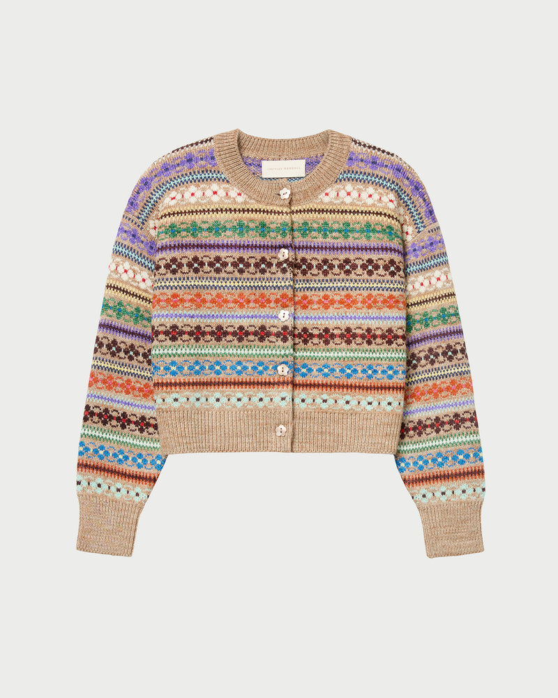 Idris Intarsia Cardigan in camel floral intarsia wool.
