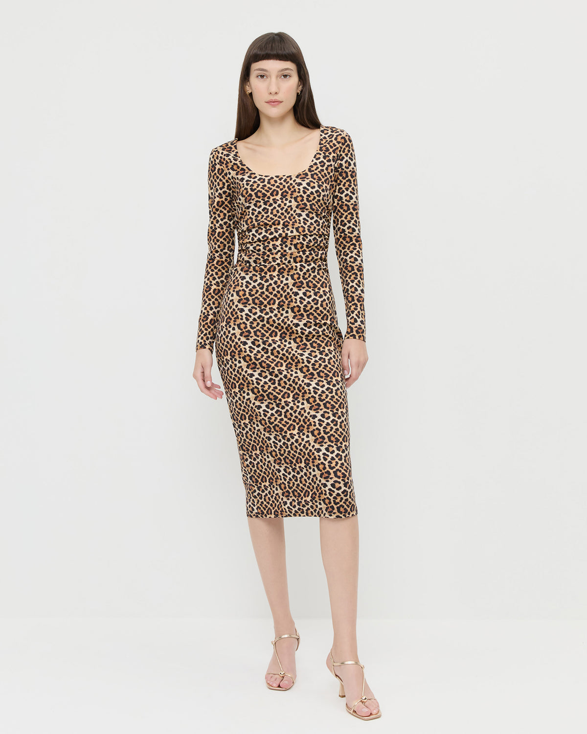 Inaya Dress in leopard print jersey fabric and Triana Champagne Leather Mid-Heel Sandal.
