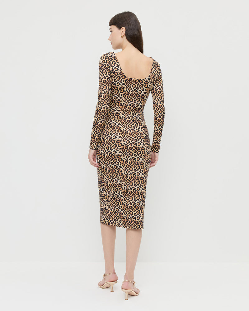Inaya Dress in leopard print jersey fabric and Triana Champagne Leather Mid-Heel Sandal.