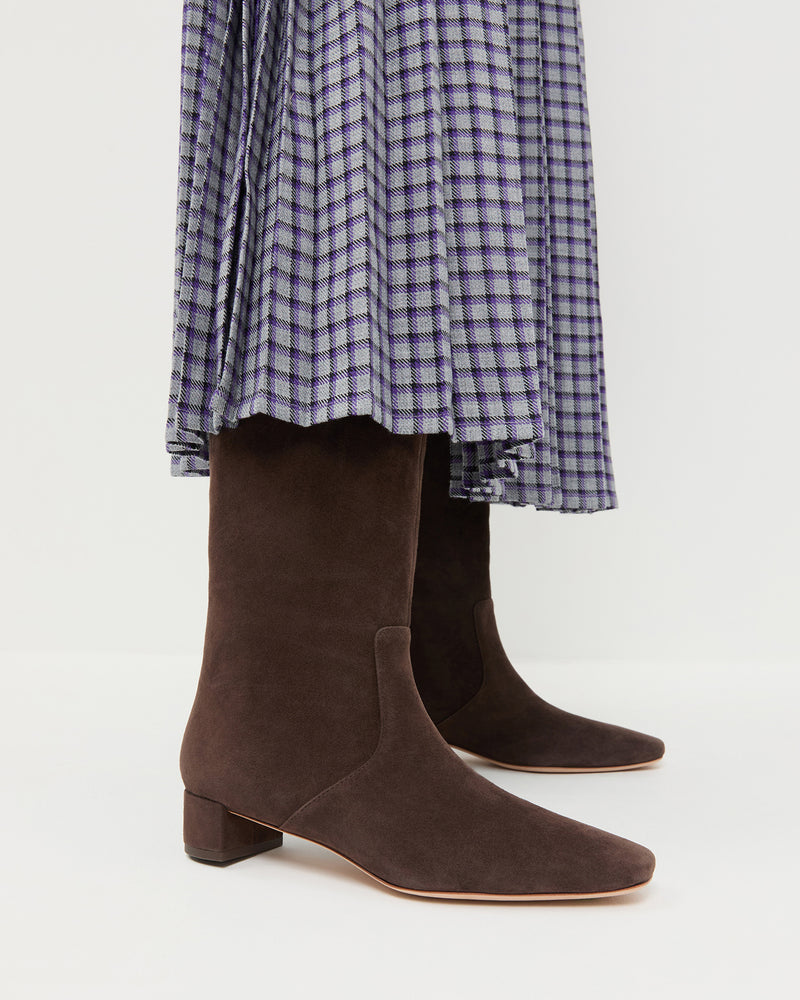Indy Dark Brown Suede Tall Boot in dark brown suede.