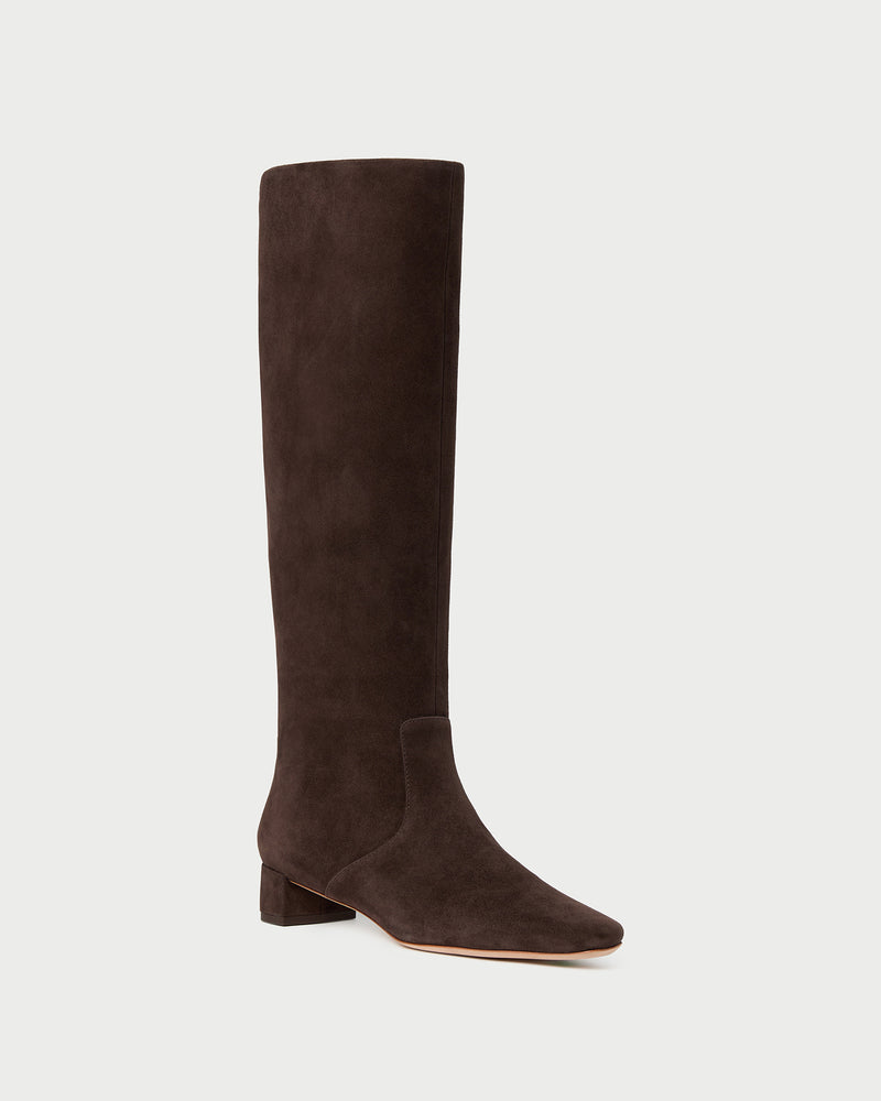 Indy Dark Brown Suede Tall Boot in dark brown suede.