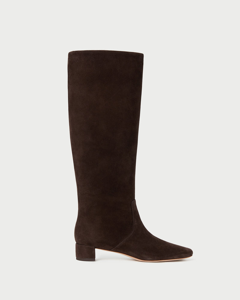 Indy Dark Brown Suede Tall Boot in dark brown suede.